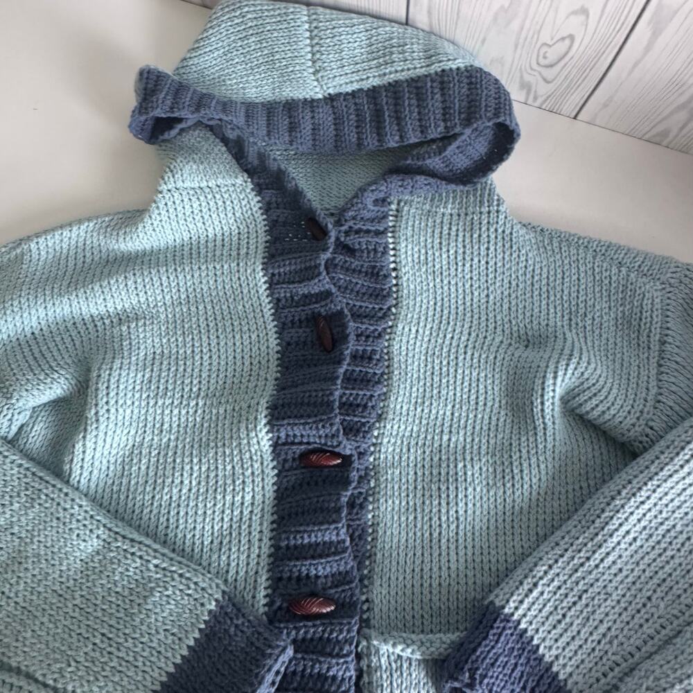 Vintage Hand Knit Hooded Cardigan Chunky Teal & Blue Wooden Button Medium